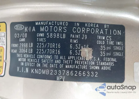 2008 Kia Sedona Lx z USA, uszkodzony, nr VIN KNDMB233786266332